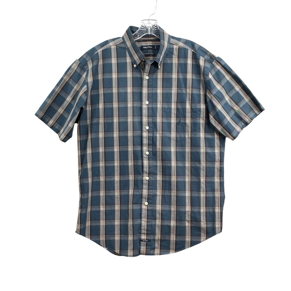 Nautica Shirt Men Large Blue Plaid 80s Two-Ply Cotton Academia Y2K Casual Preppy